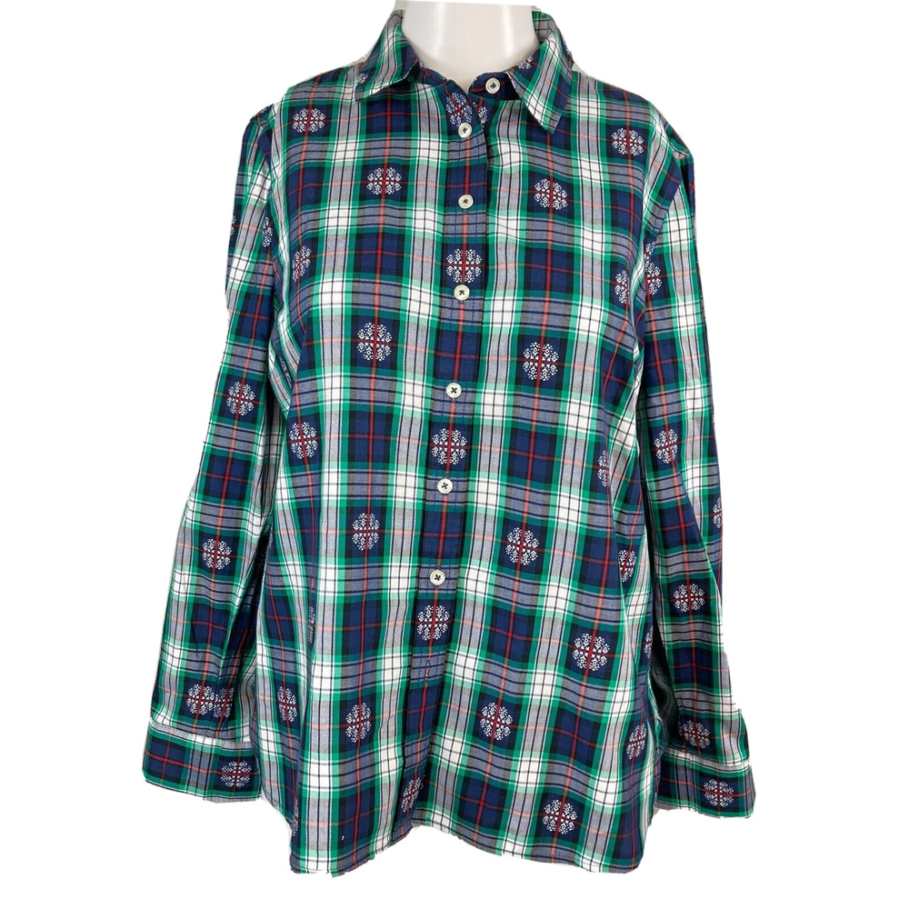 Talbots‎ Shirt Womens Sz SP Petite Blue Tartan Plaid Snowflake Button